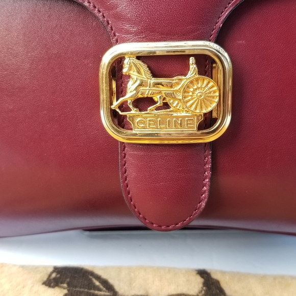 CELINE Vintage Rare Horse Carriage Burgundy Red Leather Top handle Classic Purse - Picture 5 of 16